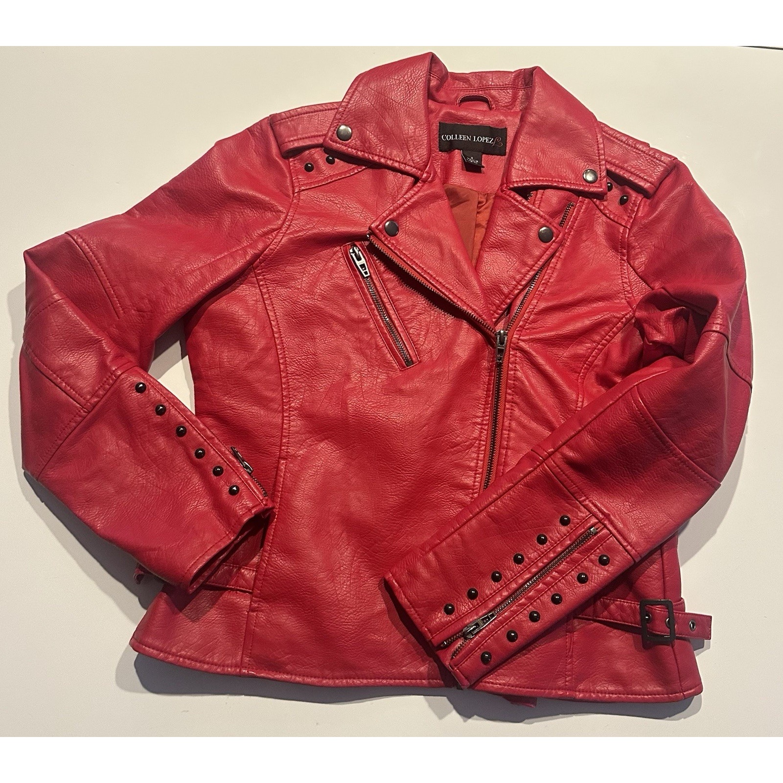Colleen Lopez Womens Sz Sm Faux Leather Studded Moto Biker Jacket Red Motorcycle